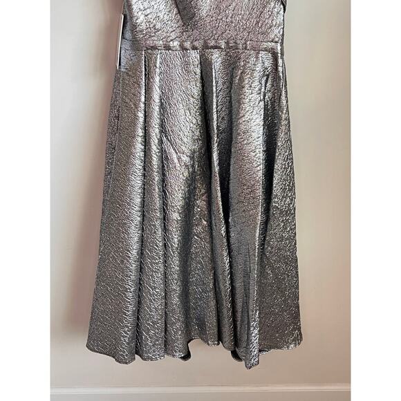 Mac Duggal One Shoulder Bow Midi Metallic Fit & Flare Dress Silver Womens 10 NWT - Picture 5 of 11